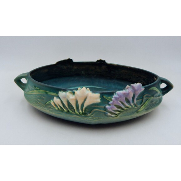 Roseville FREESIA Green 1945 Vintage Art Pottery Ceramic Console Bowl 466-10 - Picture 3 of 15
